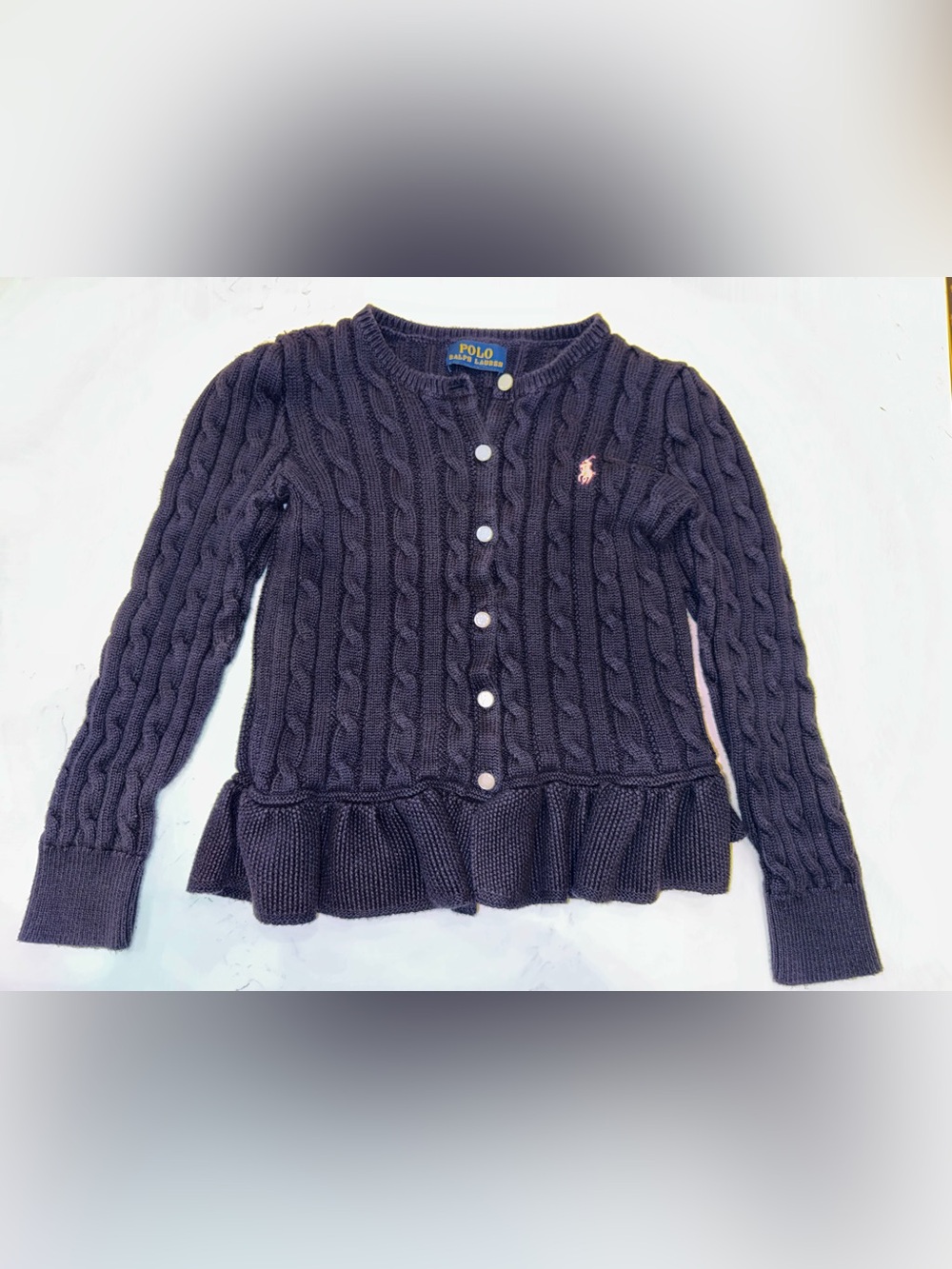 Ralph Lauren Cable Knit Peplum Cardigan in Navy with Pink logo